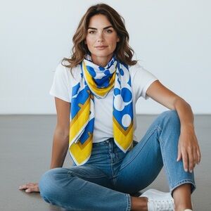 Vintage Vera Neumann 1970s Yellow Blue White Gold Mod Signed Square Scarf 22x22